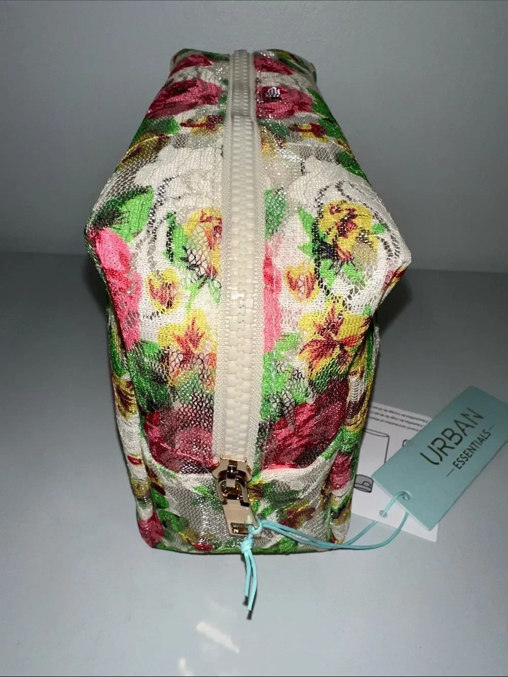 Urban Essentials Ivory Pink Green Yellow Rose Floral Lace Beauty Cosmetic Bag